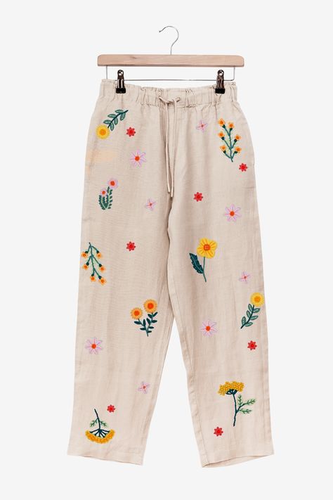 Golden Blooms Easy Embroidery Pattern - DMC Embroidery Designs For Pants, Embroidery Designs Pants, Dandiya Dress, Sunny Flowers, Women Trousers Design, Cotton Tops Designs, Embroidery Pants, Clothes Embroidery Diy, Easy Embroidery