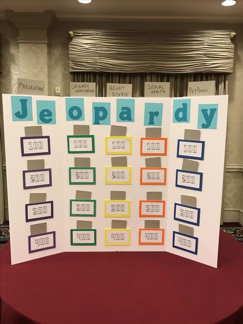 DIY Jeopardy board ~sb Jeopardy Board Diy, Jeopardy Poster Board, Diy Jeapordy Board, Jepordy Board Diy, Diy Jeporady Board, Diy Jepordy, Jeopardy Game Board Diy, Diy Jepordy Board Game, Family Jepordy Game Diy