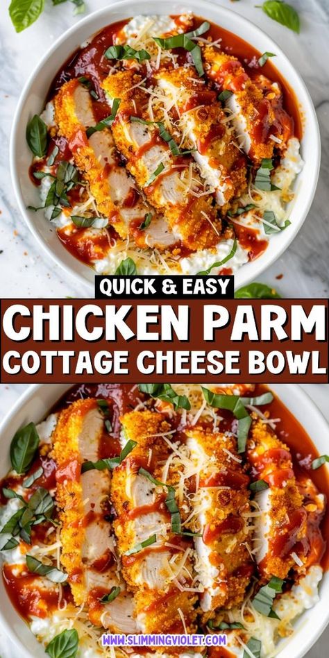 Indulge in Italian flavors with this Chicken Parm Cottage Cheese Bowl! Easy to make and packed with protein, it's perfect for a quick dinner. Check out the recipe now! Healthy Dinner Food Prep, Chicken Parm Protein Bowl, Quick Dinner Ideas For One Person, Healthy Simple Meals For One, Low Carb High Protein Meals Chicken, Chicken Bacon Club Cottage Cheese Bowl, High Protein Vsg Meals, Quick Bariatric Meals, High Protein Meal Ideas Easy