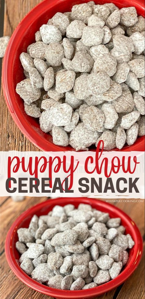 Two red bowls filled with puppy chow cereal snack Puppy Chow With Peanut Butter, Crispix Puppy Chow, Cheerio Puppy Chow, Best Puppy Chow, Puppy Chow Without Peanut Butter, Puppy Chow With Crispix Cereal, Pretzel Puppy Chow, Puppy Chow Crispix, Puppy Chow Chex Mix Recipe Peanut Butter