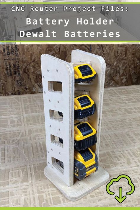 Storing Dewalt 20v batteries is easy and convenient with this freestanding or wall mounted battery holder. The battery rack can fit a flexvolt battery in the bottom slot and a range of dewalt 20v batteries in the upper slot. This CNC Router project includes fusion files, step files, illustrator, SVG files, DXF files and EPS for those working in vectric, carbide create or programs like easel. This battery holder storage rack is a great way to store cordless batteries in your workshop space! Dewalt Cordless Tools, Battery Charging Station, Dewalt Battery, Workshop Cabinets, Cnc Router Projects, Power Tool Storage, Router Projects, Diy Garage Storage, Cnc Design