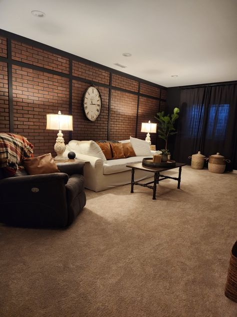 Faux Brick Wall Living Room, Brick Wall Basement, Brick Wall Living Room Ideas, Faux Brick Paneling, Brick Basement, Basement Update, Brick Wall Living Room, Faux Brick Wall Panels, Brick Wall Paneling