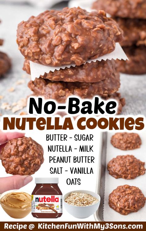 Quick Oats Cookies, Nutella No Bake Cookies, Nutella No Bake, Instant Oatmeal Cookies, Peanut Butter Nutella Cookies, Nutella Peanut Butter, Oats Cookies, Nutella Cookies Recipe, Nutella Snacks