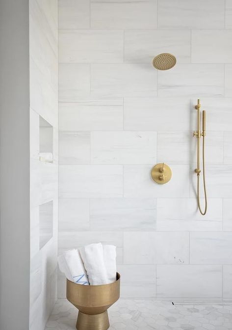 Stacked Large Tile Shower Wall, Big Tiles In Bathroom, Marble Look Bathroom Ideas, Recessed Shower Floor, 12x24 White Tile Shower Walls, Cute Bathroom Tile Floors, 12x24 Vertical Stacked Shower Tile, White Stacked Tile Shower Wall, Large Scale Shower Wall Tile