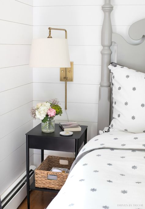 A great small, narrow black nightstand that's perfect for small bedrooms! #nightstand #nightstands #bedroomdecor Inexpensive Nightstand, Night Stands Bedroom, Narrow Nightstand, Nightstand Design, Aesthetic Lights, Rectangle Bedroom, Guest Bedroom Design, Small Nightstand, Nesting With Grace