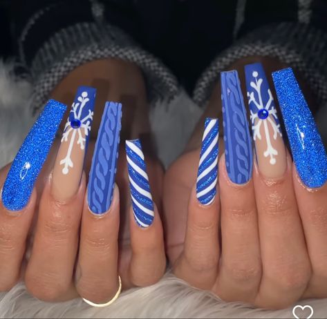 Blue And Red Christmas Nails, Light Blue Sweater Nails, Blue Winter Wonderland Nails, Jack Frost Nails, Blue Candy Cane Nails, Acrylic Nails For Holiday, Blue Christmas Nails Acrylic, Royal Blue Christmas Nails, Blue Christmas Nail Designs