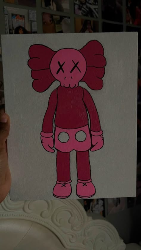 Pink Kaws Canvas Painting, Blue Kaws Painting, Kaw Paintings On Canvas, Canvas Painting Ideas Kaws, Kaws Bear Painting, Kaws Outline Drawing, Drawing Ideas Kaws, Pink Kaws Painting, Klaws Painting Canvas