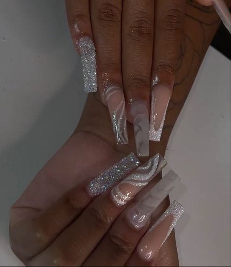 Fancy Birthday Nails, Silver Classy Nails, Baddie Silver Nails, Boujie Nails Acrylic, Silver Bling Acrylic Nails, Pink And Grey Prom Nails, Prom Nails Acrylic Classy Silver, Silver Nails Prom Acrylics, Gray Prom Nails