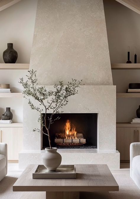 Modern Arch Fireplace, Covered Brick Fireplace, Exposed Chimney In Bedroom, Stucco Gas Fireplace, 2 Story Stucco Fireplace, Fireplace Ideas Plaster, Gas Burning Fireplace, Stucco Fireplace With Tv, Stucco Fireplace Wall