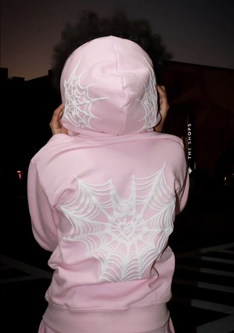 Y2k Spider Web, Pink Spider Web, Hoodie Front And Back, Pink Spider, Street Clothes, Sport Jacket, Puff Print, Pink M, Cute Sweatshirts