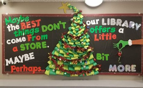 Grinch Bulletin Board, Christmas Library Bulletin Boards, Christmas Library Display, Christmas Library, Office Xmas Party, December Bulletin Boards, School Library Decor, Holiday Bulletin Boards, Christmas Bulletin Boards