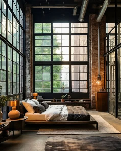 New York Loft Dream Home Master Bedroom Boho Loft Apartment, Loft Aesthetic, Ny Loft, Industrial Style Bedroom, Relaxing Spaces, Bedroom Paint Colors Master, Home Bedroom Design, Boho Bedrooms, Nyc Loft