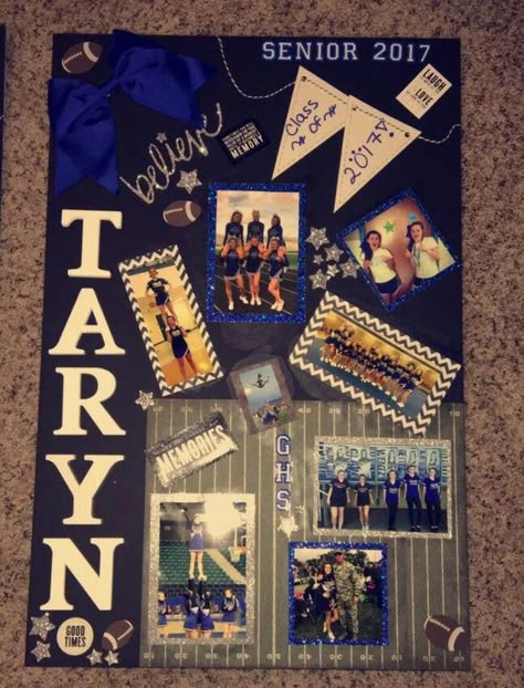 Highschool Sports Posters, Senior Night Themes High Schools, Cheer Poster Board Ideas, 8th Grade Night Cheer Posters, Senior Cheer Night Ideas, Senior Cheer Basket Ideas, 8th Grade Cheer Poster Ideas, Senior Cheer Board Ideas, Senior Day Ideas Sports