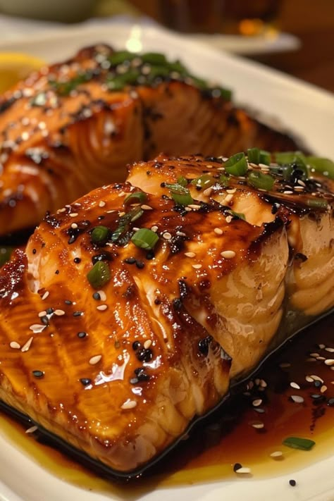 Ginger Soy Glazed Salmon is a savory and flavorful dish that’s perfect for any occasion! 🍣🧄 This dish features tender salmon fillets coated in a delicious ginger soy glaze, creating a perfect balance of sweet and savory flavors. Quick and easy to prepare, Ginger Soy Glazed Salmon is ideal for a weeknight dinner or a special meal. Treat yourself to this healthy and mouthwatering delight today! 😋🌿 #GingerSoySalmon #HealthyEating #FlavorfulMeals #SeafoodLovers Soy Glazed Salmon, Salmon Fillet Recipes, Soy Glaze, Lemon Garlic Salmon, Ginger Salmon, Salmon Glaze Recipes, Sauce For Salmon, Sweet Glaze, Delicious Seafood Recipes