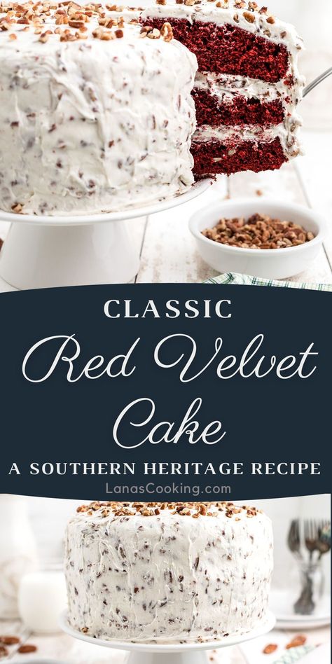 Red Velvet Cake is a classic, much-loved recipe. The combination of rich cocoa layers and the luscious cream cheese frosting studded with pecans is a southern favorite! Authentic Red Velvet Cake Recipe, Red Velvet Cake With Cream Cheese, Classic Red Velvet Cake, Southern Living Red Velvet Cake, Christmas Red Velvet Cake Decorations, Old Fashion Red Velvet Cake Recipe, Southern Red Velvet Cake From Scratch, Southern Living Red Velvet Cake Recipe, Red Velvet Cake Icing Recipe