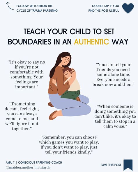 Teaching children to set boundaries is a fundamental aspect of developing their sense of autonomy and respect for themselves and others. ⁠ .⁠ Here are 5 simple and compassionate phrases that you can use to guide your kids in setting boundaries authentically 🥰:⁠ .⁠ ✅ Never let the cycle of trauma define your parenting again. Discover "The Amai T Method of Conscious Parenting" and transform your family dynamics today!⁠ Parenting Methods, Positive Parenting Solutions, Parenting Knowledge, Parenting Solutions, Intentional Parenting, Parenting Inspiration, Set Boundaries, Parenting Help, Conscious Parenting