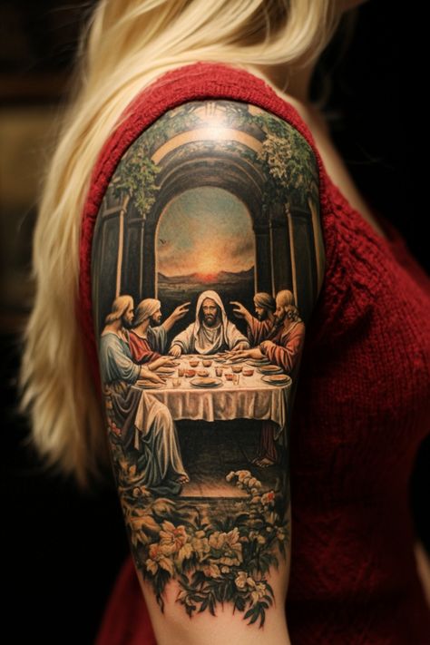 13 Biblical Sleeve Tattoos For Women To Inspire Faith – NeedleStar Biblical Half Sleeve Tattoos For Women, Religious Sleeve Tattoos Women, Full Armor Of God Tattoo, Biblical Sleeve Tattoos, Empty Tomb Tattoo, Biblical Tattoos For Women Sleeve, Godly Tattoos, Jesus Tattoo Sleeve, Religious Tattoo Sleeves