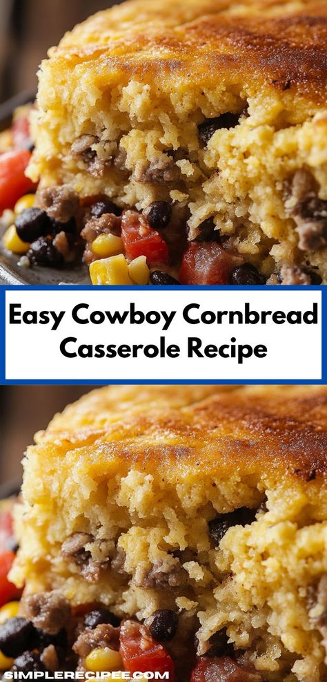 This Easy Cowboy Cornbread Casserole combines savory ground beef, sweet corn, and cornbread mix for a hearty, one-dish meal. Perfect for family dinners or potlucks, it’s simple and satisfying. Dinner Ideas For Parties, Dinner Ideas Fun, Cowboy Cornbread Casserole, Cornbread Dinner, Cornbread Topping, Fun Dinner Ideas, Cowboy Cornbread, Party Dinners, Cowboy Casserole Recipe