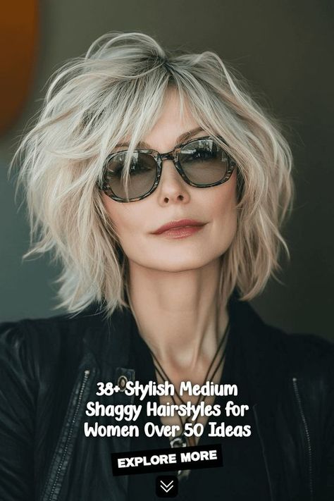 She has a blonde bob haircut with messy layers. The ends are choppy and textured, giving her hair a cool, casual look. This fun hairstyle is easy to style and maintain, perfect for busy women who want a trendy look without spending hours on their hair. - Click to see more of Stunning Medium Shag Haircuts That Flatter Women Over 50 and follow us for more hairstyle ideas. Back Of Layered Bob Haircut, Edgy Mid Length Haircuts, Mid Length Edgy Hair, Choppy Textured Short Hair, Shag Bob Curly Haircut, Shag Grey Hairstyles, Hairstyles Bobs With Bangs, Off Face Hairstyles For Women, Shag For Wavy Hair Over 50