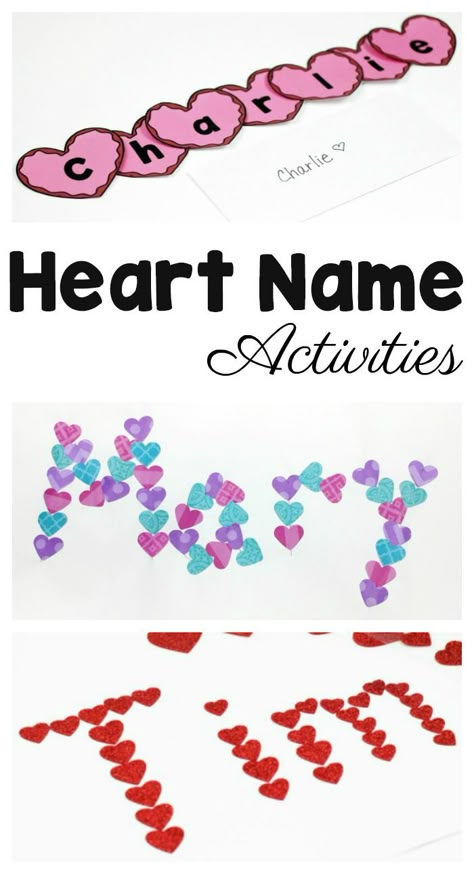 These heart name crafts are perfect for Valentine's Day! Teach children letters using their names as a springboard for learning. These heart name activities work on fine motor skills and a variety of early literacy skills. Heart Name Activity Preschool, Valentine Name Crafts Preschool, Name Crafts For Preschoolers, Valentine’s Day Crafts Preschool, February Preschool Themes, Prek Valentines, Valentines Day Crafts For Preschoolers, Valentines Day Crafts For Kids, Preschool Valentines Activities