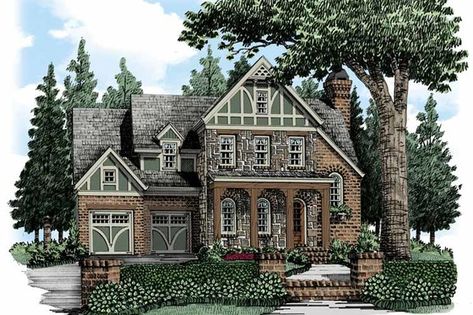 Plan #927-484 - Houseplans.com Bathroom Cottage, Tudor House Plans, European Plan, Tudor Cottage, Cottage Floor Plans, European House Plan, Tudor Style Homes, European House, Craftsman Style House Plans