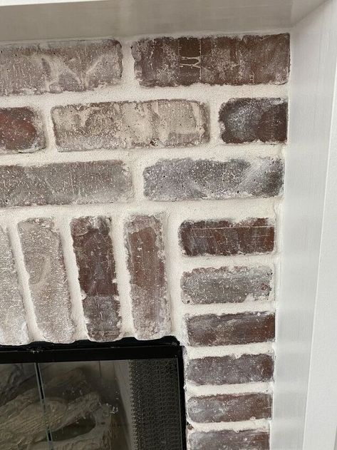 Used Brick Fireplace, White Grout Fireplace, Mortar Washed Brick Fireplace, Stone Brick Fireplace, Gray Brick Fireplace, Brick Fireplace Redo, Limewash Fireplace, Fireplace Mantle Diy, Fireplace Mortar