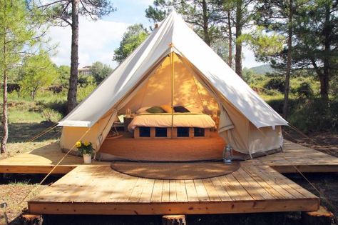 Magical glamping in the heart of rural Spain. Luxurious bell tents gazing over lush Catalan fells Canvas Tent Camping, Bell Tent Glamping, Glamour Camping, Tent Platform, Canvas Bell Tent, Yurt Tent, Camping Snacks, Tent Living, Camping Nature