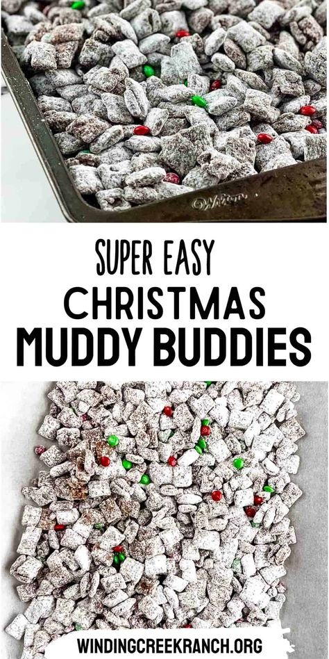 Christmas Muddy Buddy Recipe (Puppy Chow) Muddy Buddies Christmas, Christmas Muddy Buddies Recipe, Christmas Muddy Buddies, Homemade Puppy Chow, Peanut Butter And Powdered Sugar, Muddy Buddy Recipe, Peanut Butter Muddy Buddies, Chocolate Muddy Buddies, Chex Mix Muddy Buddies