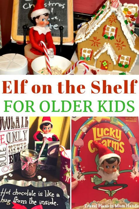 We're sharing our Elf on the Shelf ideas for older kids to keep the magic going. After 10 years, my kids are still eager to see Peter the Elf (and now Jingle the reindeer). So instead of breaking with this holiday tradition, we've decided to embrace the challenge at least for another year. Includes tips that will engage both boys and girls and links to products that will make Elf on the Shelf easier. #elfontheshelf #olderkids #elfontheshelfideas Elf Return Ideas For Older Kids, Elf On The Shelf Ideas Being Kind, Elf On The Self For Teens, Elf On The Shelf For Big Kids, Elf On The Shelf Ideas For Older Boys, Elf On The Shelf For Older Teens, Easy Elf Ideas For Older Kids, Easy Elf On The Shelf Ideas Older Kids, Big Kid Elf On The Shelf Ideas