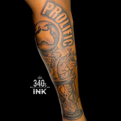 Prolific Tattoo Ideas, Earth Arm Tattoo, Prolific Tattoo, Otf Forearm Tattoo, Long Live Forearm Tattoo, Black Male Tattoos Forearm, Long Live Tattoo Black People, Calf Sleeve Tattoo Men, Arm Sleeve Black Man