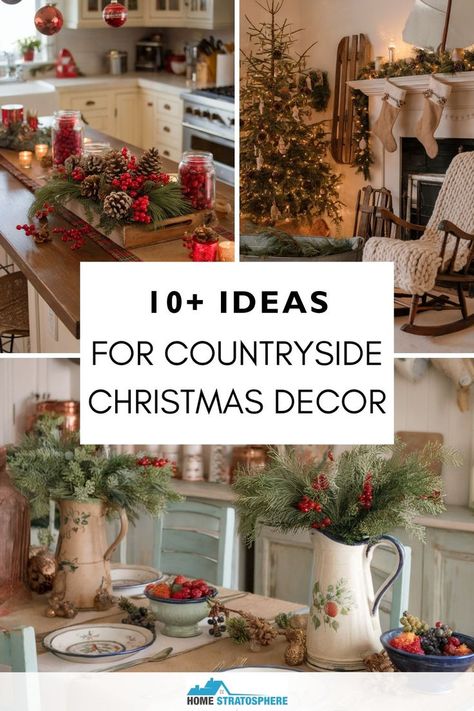 A collage of images displaying various countryside Christmas decor ideas, including kitchen, living room, and table decorations. Classic Country Christmas, Old Country Christmas Decorations, Christmas Decor With Crocks, Country Home Christmas Decor, Country Farmhouse Decor Christmas, Christmas Farm Decorations, Country Xmas Decor, Country Christmas Kitchen Decor, Rustic Kitchen Christmas Decor