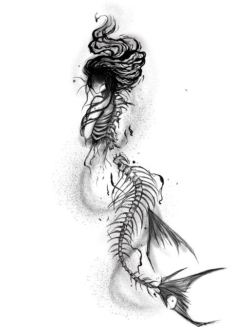 Skeletal Mermaid Tattoo, Dark Mystical Tattoos, Crab Monster Art, Creepy Ocean Tattoo, Dark Creepy Tattoos, Banshee Drawing, Cool Tattoo Drawings Sketches, Mermaid Skeleton Tattoo, Sketchwork Tattoo