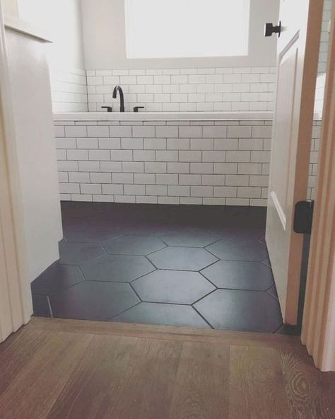 Black Hexagon Tile Bathroom Floor, Octagon Tile Bathroom, Black Hexagon Tile Bathroom, Hexagon Tile Bathroom Floor, Hexagon Tile Bathroom, Black Tile Bathrooms, Black Floor Tiles, Black Grout, Hexagon Tile