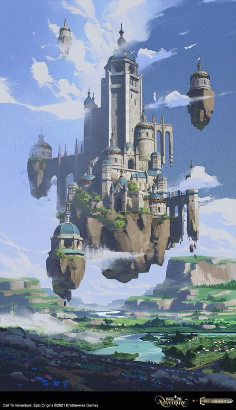 ArtStation - Floating Fortress, Vladimir Ishelin Flying Fortress Fantasy Art, Floating Castle Art, Floating Tower Fantasy Art, Fantasy Fortress Concept Art, Floating Island Concept Art, Floating City Concept Art, Fantasy Building Concept Art, Kingdom Concept Art, Fortress Concept Art