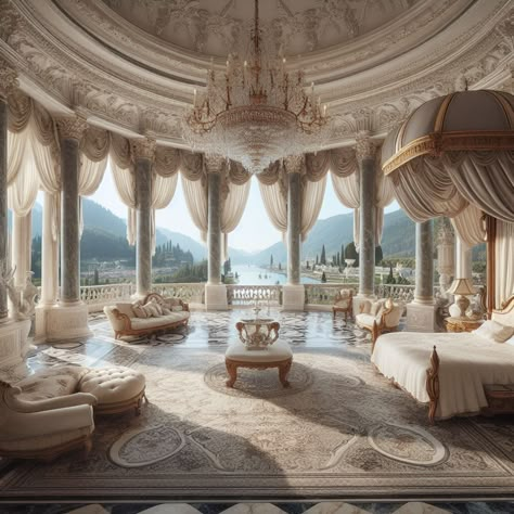 Castle Interior Fantasy Art, White Royal Bedroom, Old Money House Design, Castle Bedroom Luxury, Fantasy Royal Bedroom, Castle Interior Aesthetic, Princess Mansion, Royalty Bedroom, Fantasy Castle Interior