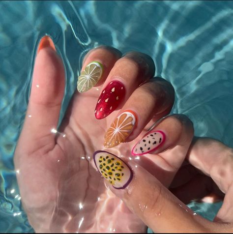 Dragonfruit Nail Art, Passion Fruit Nails, Passionfruit Nails, Fruit Summer Nails, Fruit Salad Nails, Nail Designs Fruit, Orange Fruit Nails, Fruit Nails Acrylic, Fruit Nail Ideas