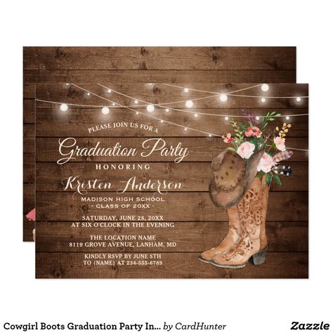 Western Graduation Party, Country Graduation Party, Western Graduation, Country Graduation, High School Graduation Invitations, Western Bridal Showers, Floral String Lights, Floral Graduation Party, Rustic Boots