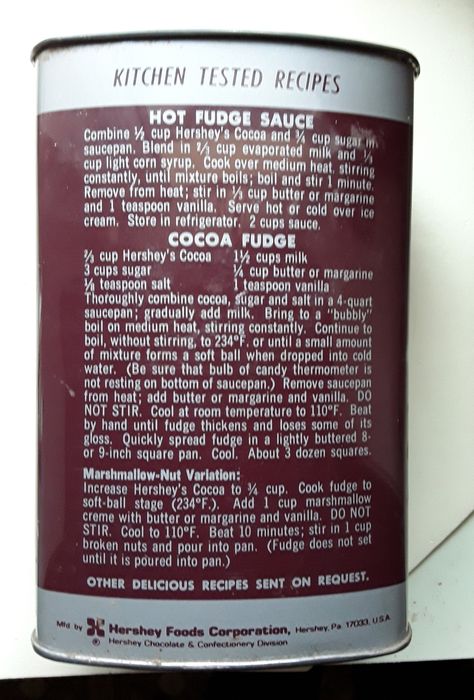 This is the back of Hershey's metal cocoa can. Hershey’s Cocoa Fudge, Hersheys Hot Fudge Sauce Recipe, Hersheys Fudge Recipe, Hersheys Cocoa Fudge Recipe, Hersheys Chocolate Fudge, Hershey Cocoa Fudge Recipe, Vintage Candy Recipes, Hershey Chocolate Fudge Recipe, Hershey Cocoa Powder Recipes