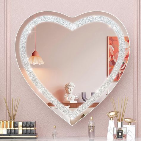 Espejos Aesthetic, Car Visor Mirror, Heart Shaped Mirror, Led Heart, Mom Bathroom, Led Vanity Mirror, Vanity Tables, Crushed Diamonds, Strip Design