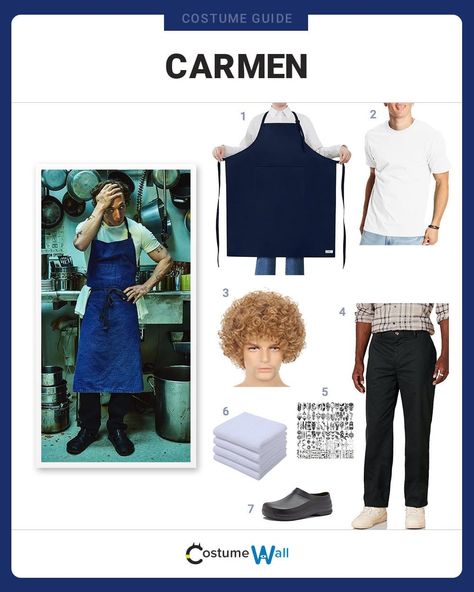 Dress Like Carmen Carmy Berzatto Halloween Costume, The Bear Costume, Carmy Berzatto Tattoo, Blonde Wig Curly, The Heartbreak Kid, Got Costumes, Kitchen Shoes, Apron For Men, Costume Guide