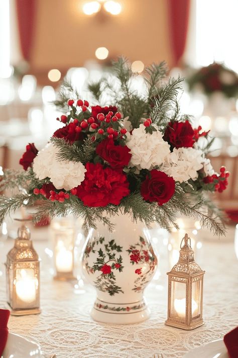 Holiday Wedding Centerpieces, Christmas Wedding Centerpieces, Wildflower Centerpieces, Red Napkins, White Pillar Candles, Gold Lanterns, White Carnation, Winter Wedding Cake, Pink Wedding Cake