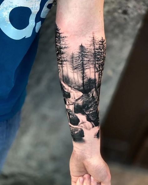 10 Best Waterfall Tattoo Ideas You Have To See To Believe! | Outsons | Men's Fashion Tips And Style Guides Waterfall Tattoo Ideas, Forest Forearm Tattoo, Forest Tattoo Sleeve, Waterfall Tattoo, Natur Tattoo Arm, Outdoor Tattoo, Jungle Tattoo, Forest Tattoo, Nature Tattoo Sleeve