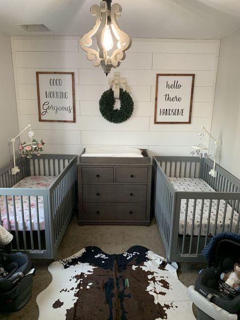 Twin Nursery Room Boy And Girl, Rustic Twin Nursery, Twin Nursery Room Ideas, Nursery With 2 Cribs, 2 Crib Nursery, Nursery Room For Twins, Twins Nursery Room Gender Neutral, Nursery Ideas For Twins Boy And Girl, Nurseries For Twins