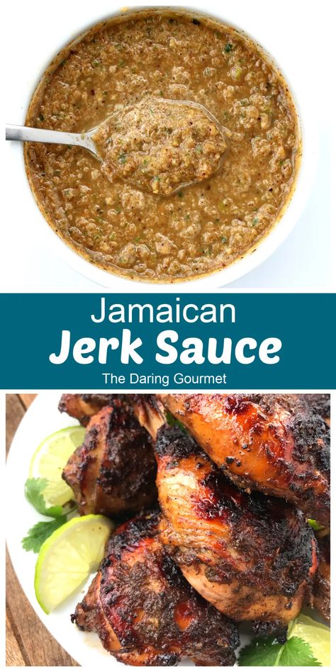 Jamaican Jerk Sauce - The Daring Gourmet Jamaican Jerk Seasoning Marinade, Carribean Jerk Sauce, Authentic Jerk Marinade, Jamaican Sauce Recipe, Jamaican Dipping Sauce, Jamaican Allspice Recipe, Diy Jerk Seasoning, Jamaican Gravy Sauce Recipes, Pineapple Jerk Sauce