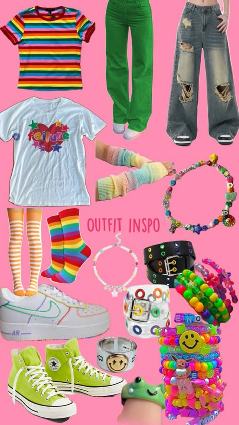 Kidcore Aesthetic Clothes, Kid Core Aesthetic Outfit, Kandi Kid Outfit, Weird Core Outfits, Kidcore Aesthetic Outfits, Kidcore Kandi, Kidcore Clothes, Kid Core Outfits, Decora Outfits