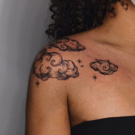 Star Tattoo Sleeve Women, Cloud Shoulder Tattoo, Shoulder Arm Tattoos For Women, Upper Shoulder Tattoos For Women, Tattoo Ideas Female Collar Bone, Sleeve Tattoos Women, Arm Tattoos For Women Sleeve, Little Stars Tattoo, Lower Back Tattoos For Women