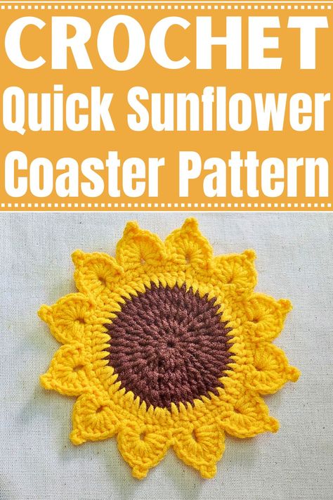 Crochet Quick Sunflower Coaster Pattern Sunflower Coasters Crochet Free Pattern, Crochet Sunflower Coaster Pattern, Crochet Sunflower Coaster, Crochet Coaster Patterns, Sunflower Wreath Diy, Sunflower Coaster, Sunflower Coasters, Serviette Rings, Placemat Patterns