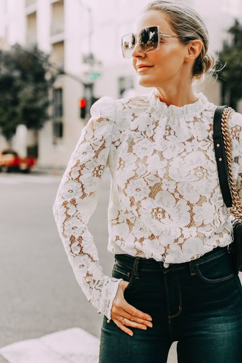 This long sleeve lace blouse is the only top you will need in your closet! It's flattering, versatile and can easily be dressed up or down. And, under $100! Lace Blouse Outfit, Lace Blouse Styles, Busbee Style, White Lace Shirt, Lace Top Dress, Beach Styles, Lace Blouse Long Sleeve, Petite Plus Size, White Lace Blouse