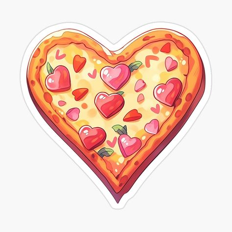 Pizza Love - Cute Kawaii Pizza with Hearts on Kawaii Food Stickers, Cute Food Stickers, Kawaii Pizza, Pizza Sticker, Sticker Design Ideas, Heart Pizza, Kawaii Heart, Stickers Food, Lovely Stickers