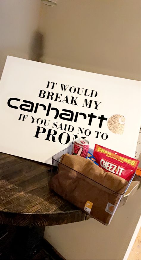 Carhartt promposal • asking a guy to prom • boyfriend asking to prom • prom • relationship goals Country Homecoming Proposal, Homecoming Dance Proposal, Promposal Ideas For Him, Creative Prom Proposal Ideas, Sadies Proposal, Cute Hoco Proposals, Cute Promposals, Formal Proposals, Country Prom